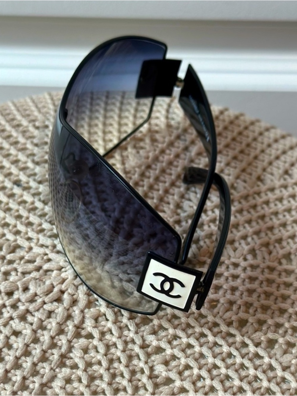 CHANEL Black Gradient Shield Sunglasses with White Logo Plaques